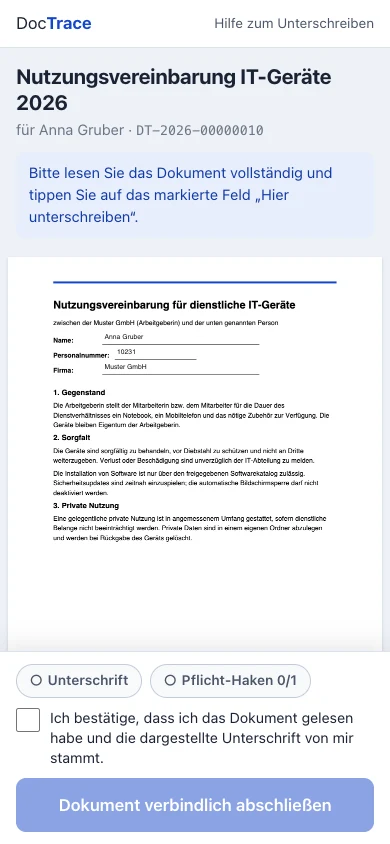 Das Unterschreiben am Handy: Dokument mit Unterschriftsfeld
