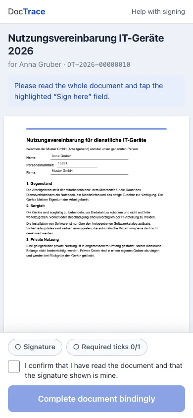 Signing on a phone: document with a signature field