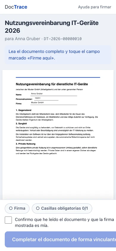 Firmar desde el móvil: documento con campo de firma