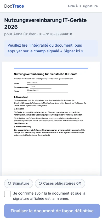 La signature sur téléphone : document avec champ de signature