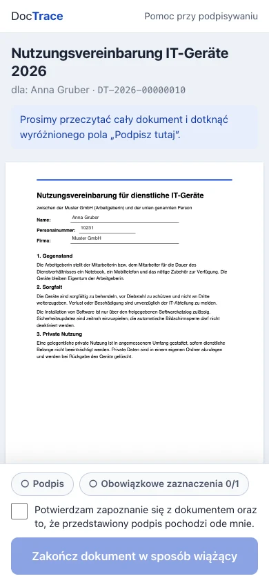 Podpisywanie na telefonie: dokument z polem podpisu