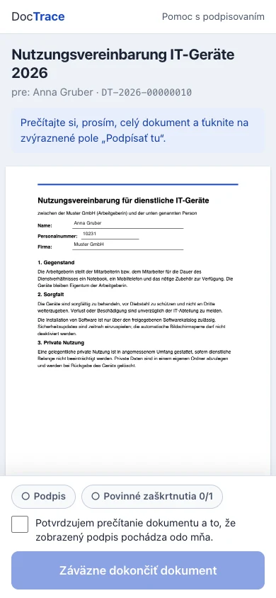 Podpisovanie na mobile: dokument s podpisovým poľom