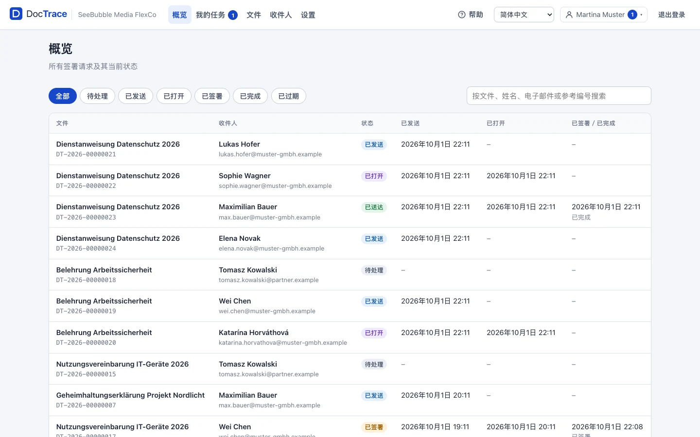 DocTrace 总览页面,显示进行中和已完成的签署任务